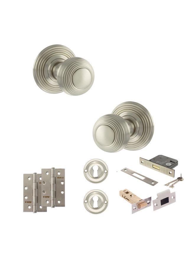 Old English Ripon Door Knob Pack (Lock Set - 3" Latch & Deadlock, 4" Slim Knuckle Hinges x2) - Satin Nickel