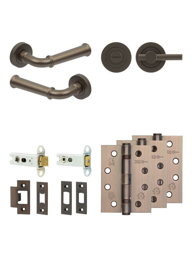 Complete Classic Door Handle Pack - Heavy Duty Tubular Bathroom (Plain Thumb Turn) - Dark Bronze - 76mm / 4-inch Hinges - JE-A31A2-DB