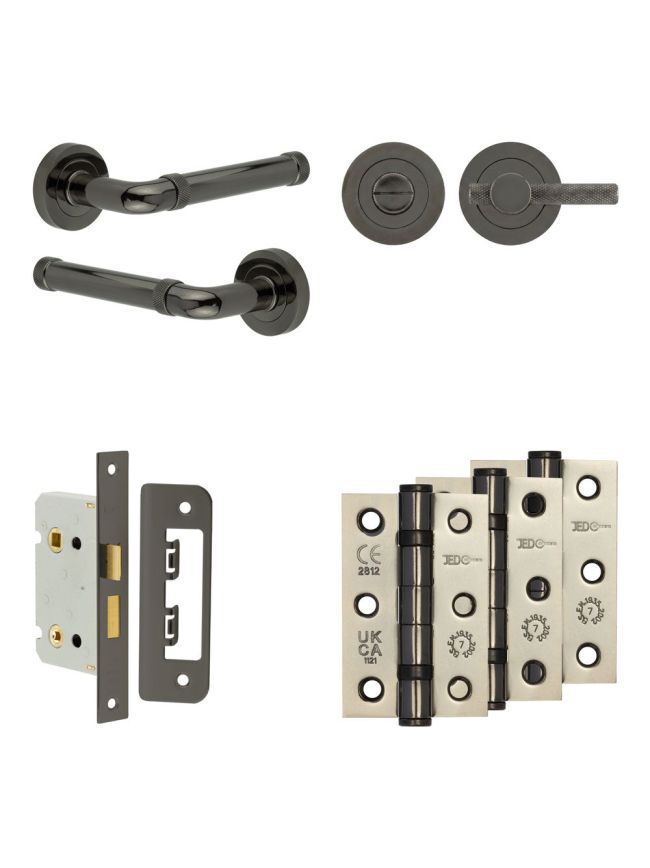 Complete Midtown Door Handle Pack - Bathroom Lock (Knurled Thumb Turn) - Black Nickel - 65mm / 3-inch Hinges - JE-G5B1-BN
