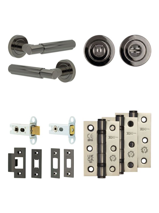 Complete Bloom Door Handle Pack - Heavy Duty Tubular Bathroom (Standard Thumb Turn) - Black Nickel - 64mm / 3-inch Hinges - JE-B30B3-BN