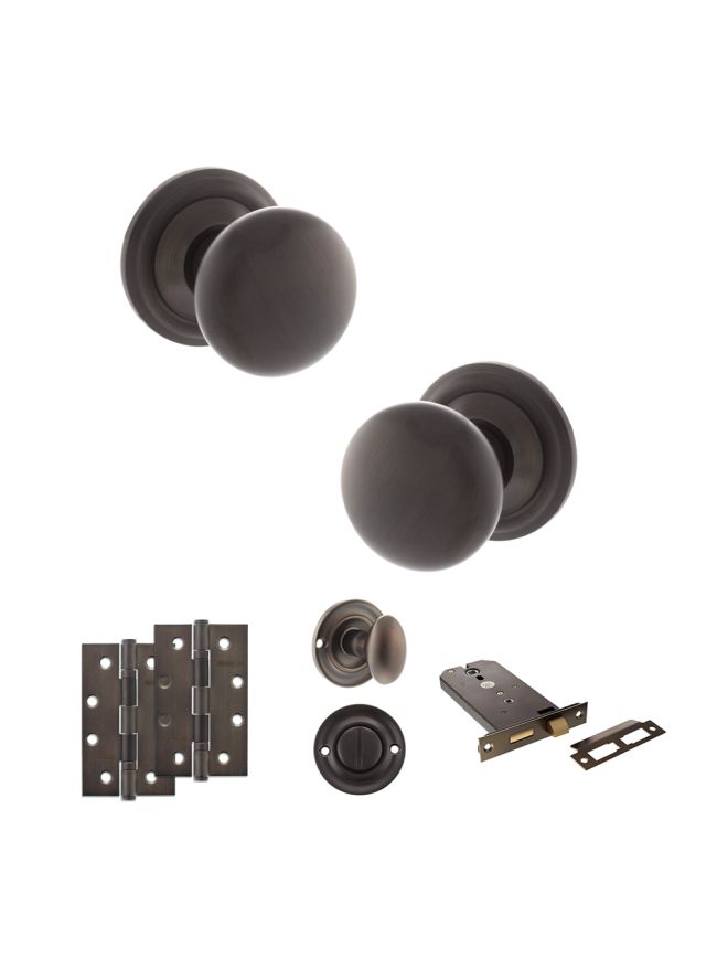 Old English Harrogate Door Knob Pack (Lock Set - Horizontal Bathlock, 4" Slim Knuckle Hinges x2) - Urban Dark Bronze