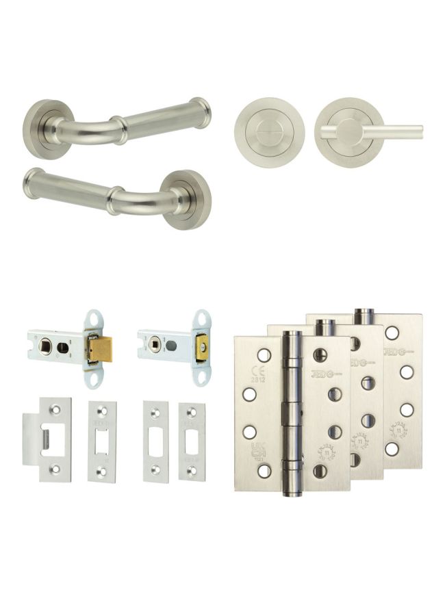 Complete Classic Door Handle Pack - Heavy Duty Tubular Bathroom (Plain Thumb Turn) - Satin Nickel - 64mm / 4-inch Hinges - JE-A30A2-SN