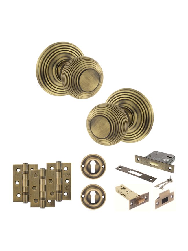 Old English Ripon Door Knob Pack (Lock Set - 3" Latch & Deadlock, 3" Fire Rated Hinges x3) - Matt Antique Brass