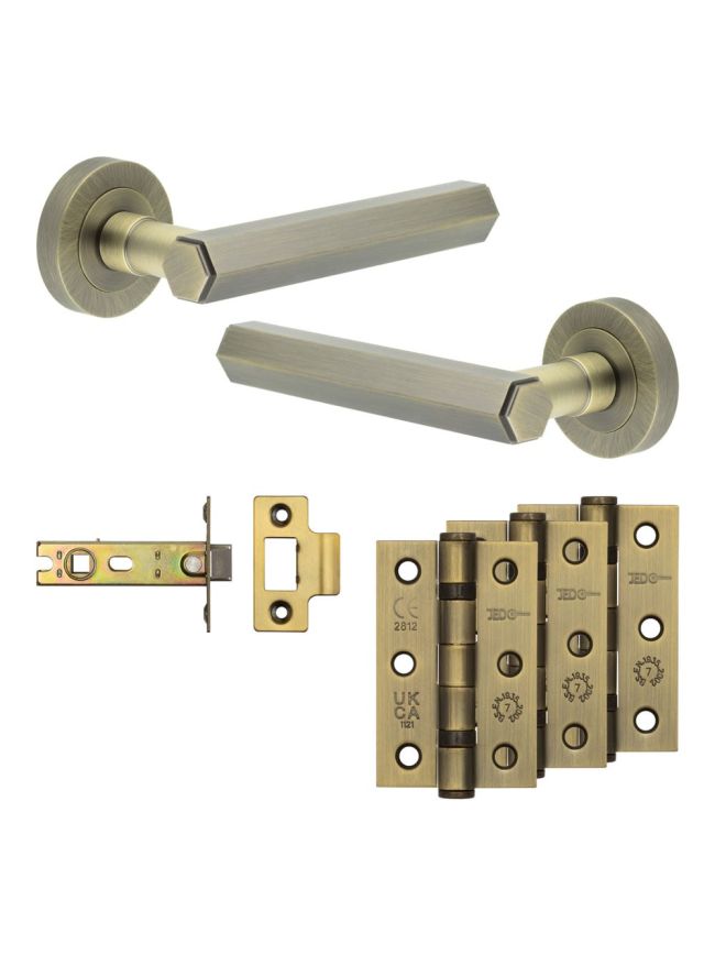 Complete Hex Door Handle Pack - Internal Doors - Antique Brass - By Frelan Hardware - JE-C3B-AB
