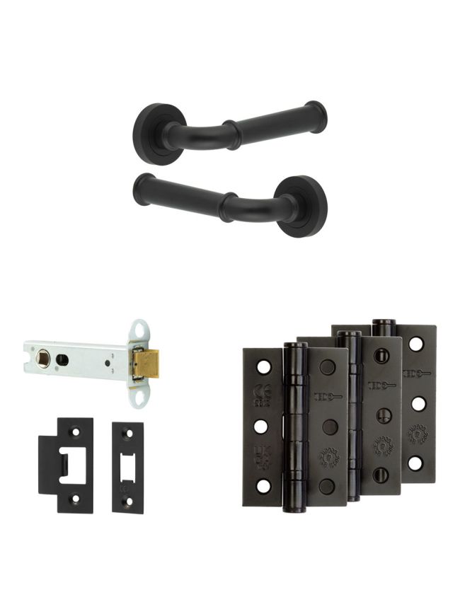 Complete Classic Door Handle Pack - Heavy Duty Latch - Matt Black - 102mm / 3-inch Hinges - JE-A22B-MB