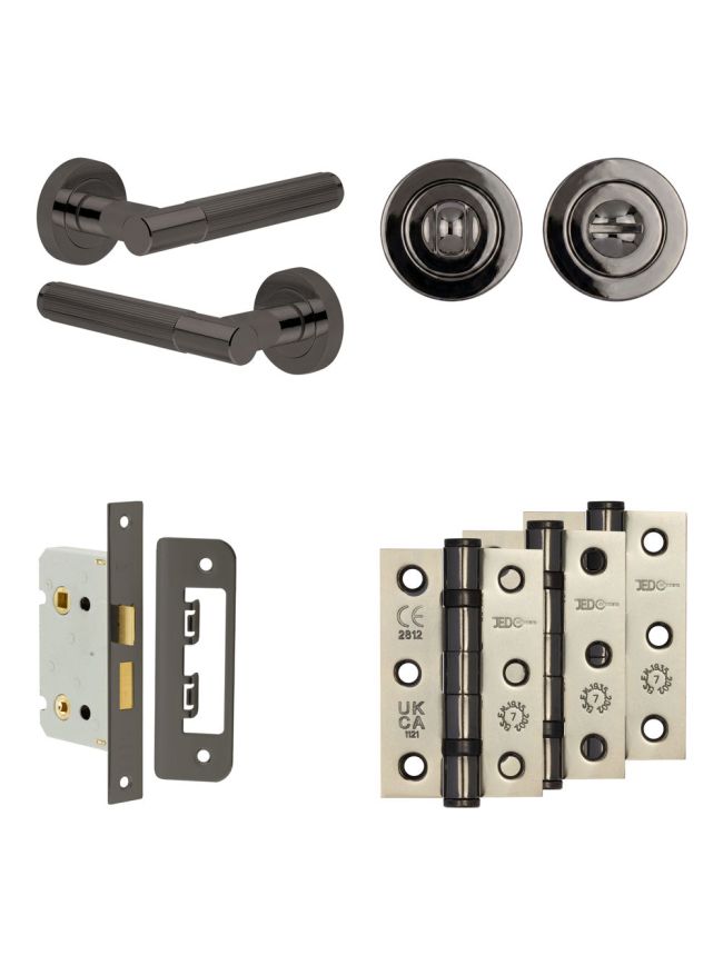 Complete Venice Door Handle Pack - Bathroom Lock (Standard Thumb Turn) - Black Nickel - 65mm / 3-inch Hinges - JE-F5B3-BN