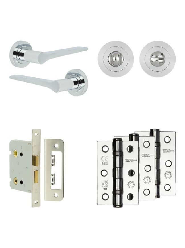 Complete Gio Door Handle Pack - Bathroom Lock (Standard Thumb Turn) - Polished Chrome - 76mm / 3-inch Hinges - JE-E6B3-PC