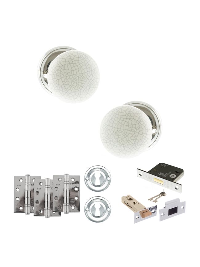 Old English Skipton Door Knob Pack (Lock Set - 3" Latch & Deadlock, 4" Fire Rated Hinges x3) - Polished Chrome