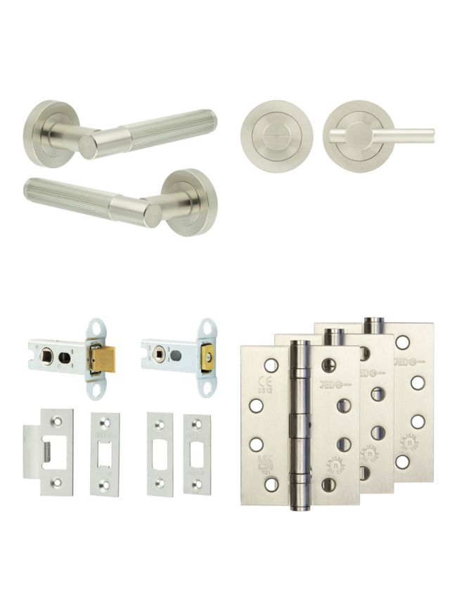 Complete Venice Door Handle Pack - Heavy Duty Tubular Bathroom (Plain Thumb Turn) - Satin Nickel - 64mm / 4-inch Hinges - JE-F30A2-SN