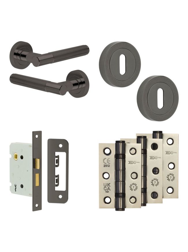 Complete Venice Door Handle Pack - Sashlock - Black Nickel - 76mm / 3-inch Hinges - JE-F8B8-BN