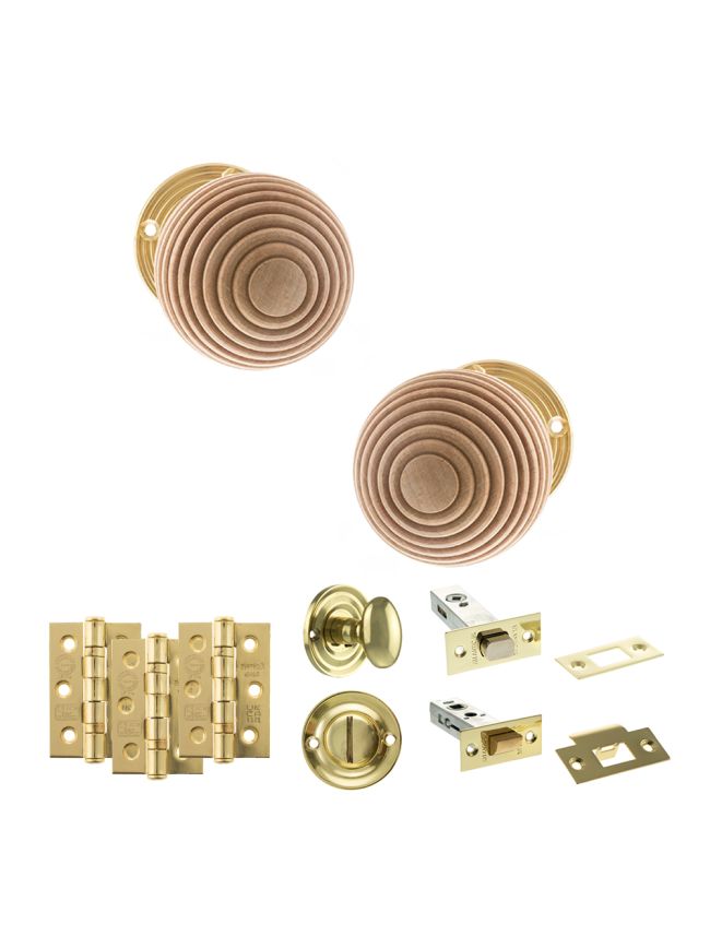 Old English Bridlington Door Knob Pack (Bathroom Set - 3" Deadbolt, 3" Fire Rated Hinges x3) - Polished Brass