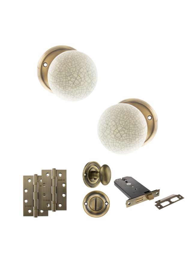 Old English Skipton Door Knob Pack (Lock Set - Horizontal Bathlock, 4" Slim Knuckle Hinges x2) - Antique Brass