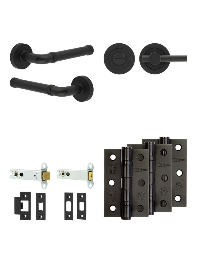 Complete Midtown Door Handle Pack - Heavy Duty Tubular Bathroom (Plain Thumb Turn) - Matt Black - 102mm / 3-inch Hinges - JE-G32B2-MB
