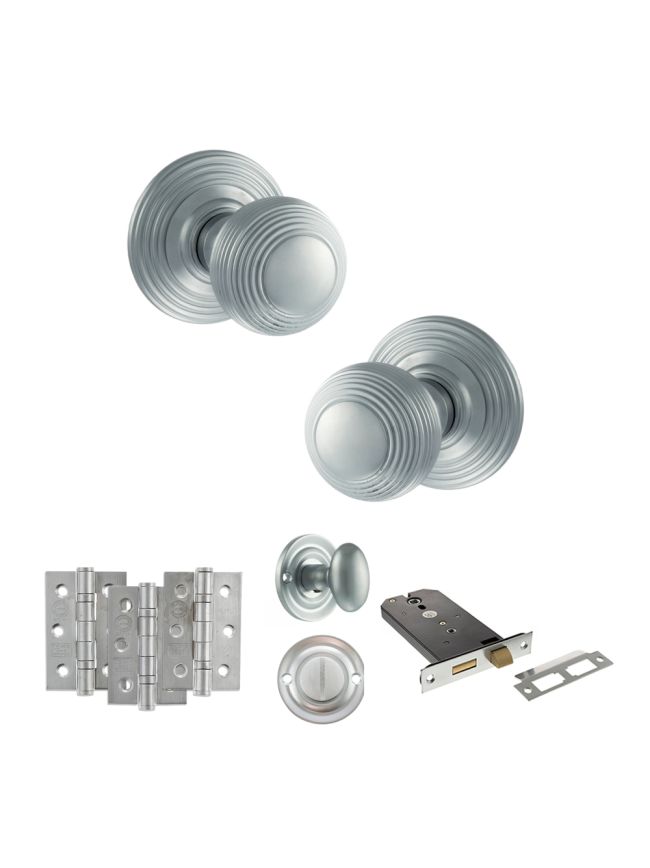 Old English Ripon Door Knob Pack (Lock Set - Horizontal Bathlock, 3" Fire Rated Hinges x3) - Satin Chrome