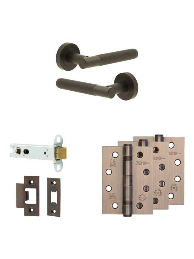 Complete Venice Door Handle Pack - Heavy Duty Latch - Dark Bronze - 102mm / 4-inch Hinges - JE-F22A-DB