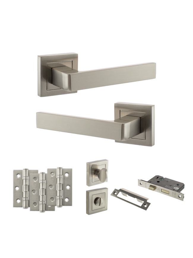 STATUS Montana Door Handle Pack (Bathroom Set - 2.5" CE Bathroom Lock, 3" Fire Rated Hinges x3) - Satin Nickel