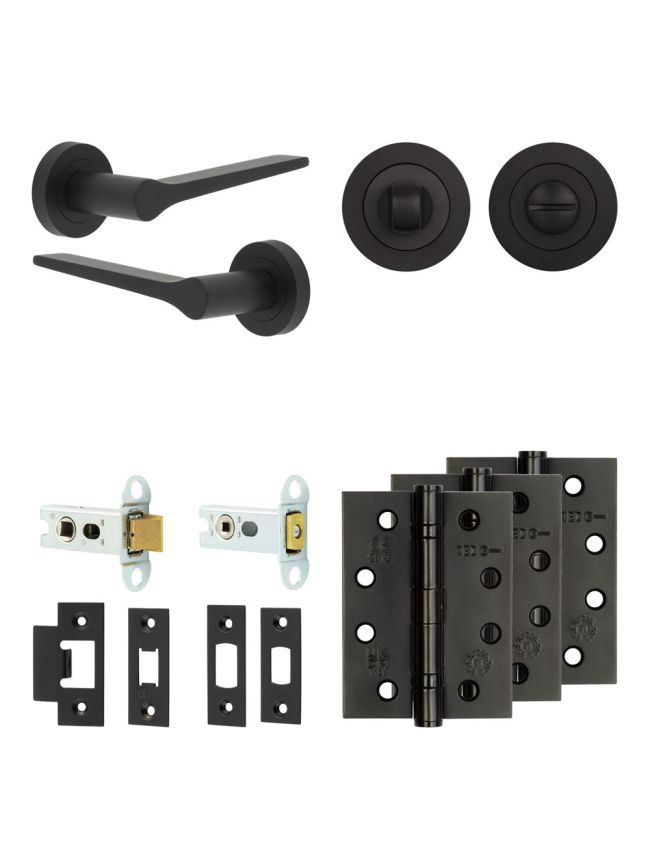 Complete Gio Door Handle Pack - Heavy Duty Tubular Bathroom (Standard Thumb Turn) - Matt Black - 64mm / 4-inch Hinges - JE-E30A3-MB