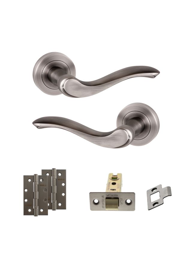Old English Warwick Door Handle Pack (Latch Set - 2.5" CE Latch, 4" Slim Knuckle Hinges x2) - Matt Gun Metal