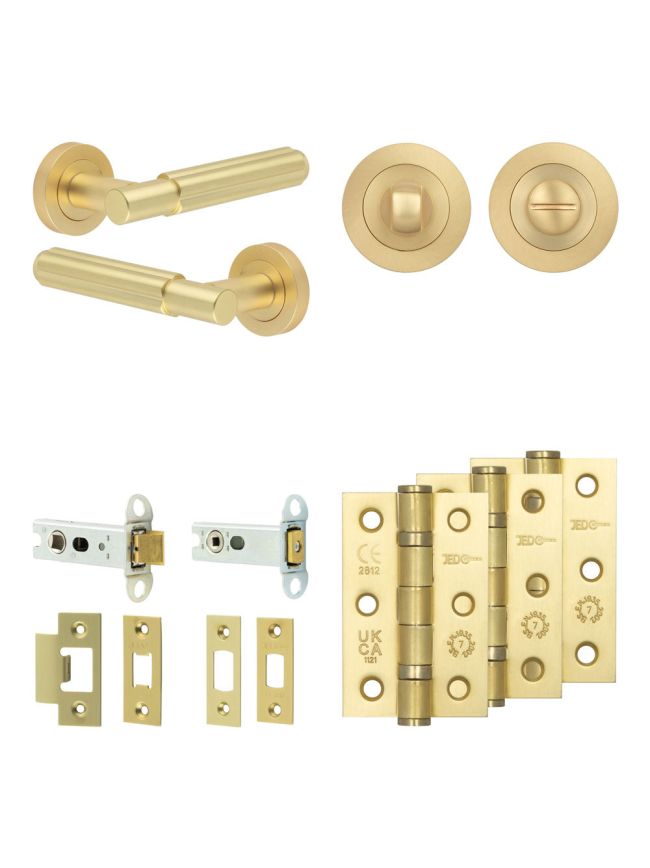 Complete Bloom Door Handle Pack - Heavy Duty Tubular Bathroom (Standard Thumb Turn) - Satin Brass - 76mm / 3-inch Hinges - JE-B31B3-SB
