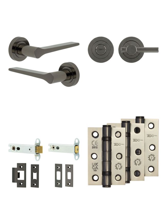 Complete Gio Door Handle Pack - Heavy Duty Tubular Bathroom (Plain Thumb Turn) - Black Nickel - 102mm / 3-inch Hinges - JE-E32B2-BN