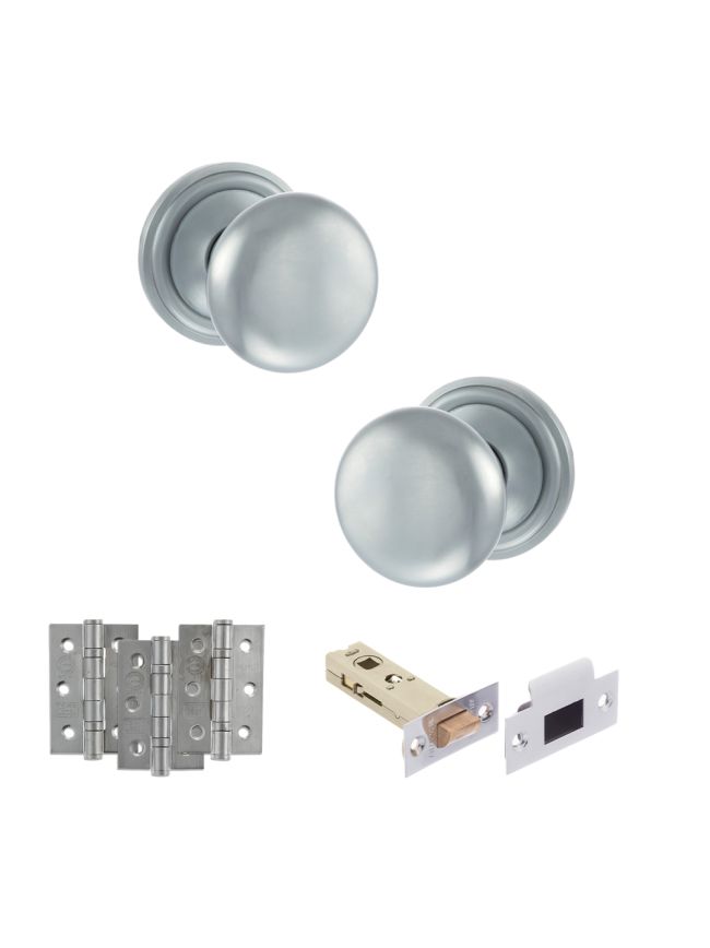 Old English Harrogate Door Knob Pack (Latch Set - 4" HD Latch, 3" Fire Rated Hinges x3) - Satin Chrome