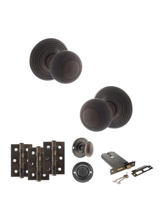 Old English Ripon Door Knob Pack (Lock Set - Horizontal Bathlock, 3" Fire Rated Hinges x3) - Urban Dark Bronze