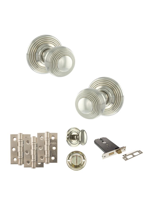 Old English Ripon Door Knob Pack (Lock Set - Horizontal Bathlock, 3" Fire Rated Hinges x3) - Polished Nickel