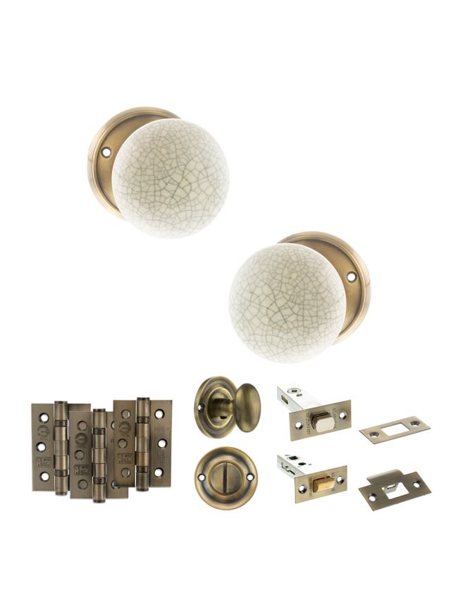 Old English Skipton Door Knob Pack (Bathroom Set - 3" Deadbolt, 3" Fire Rated Hinges x3) - Antique Brass