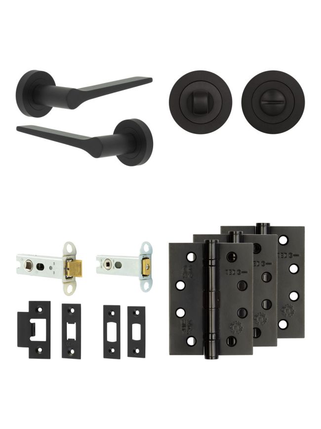 Complete Gio Door Handle Pack - Heavy Duty Tubular Bathroom (Standard Thumb Turn) - Matt Black - 76mm / 4-inch Hinges - JE-E31A3-MB