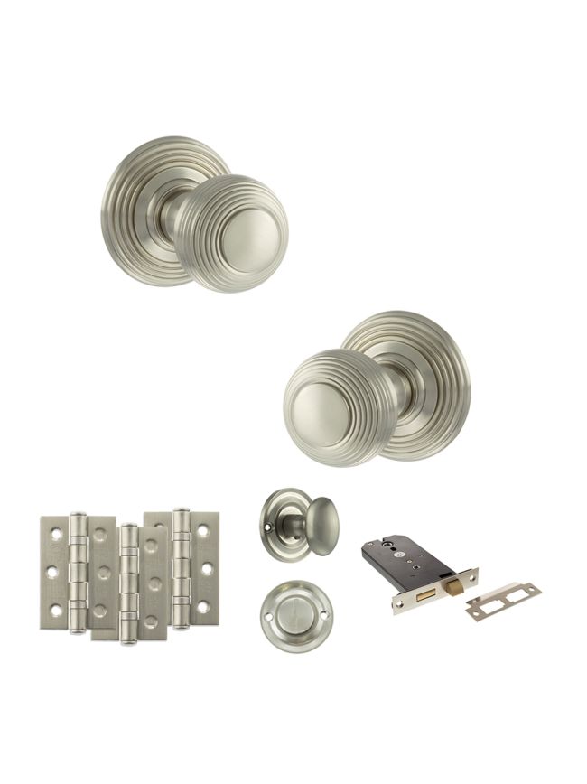 Old English Ripon Door Knob Pack (Lock Set - Horizontal Bathlock, 3" Fire Rated Hinges x3) - Satin Nickel