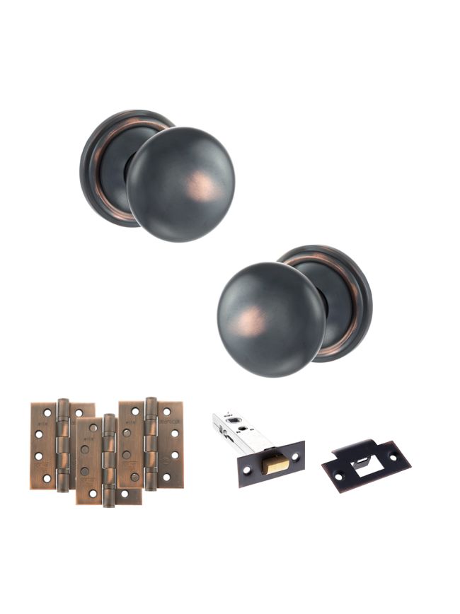 Old English Harrogate Door Knob Pack (Latch Set - 4" HD Latch, 4" Fire Rated Hinges x3) - Antique Copper