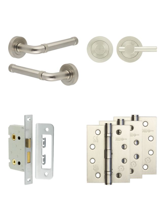 Complete Midtown Door Handle Pack - Bathroom Lock (Plain Thumb Turn) - Satin Nickel - 65mm / 4-inch Hinges - JE-G5A2-SN