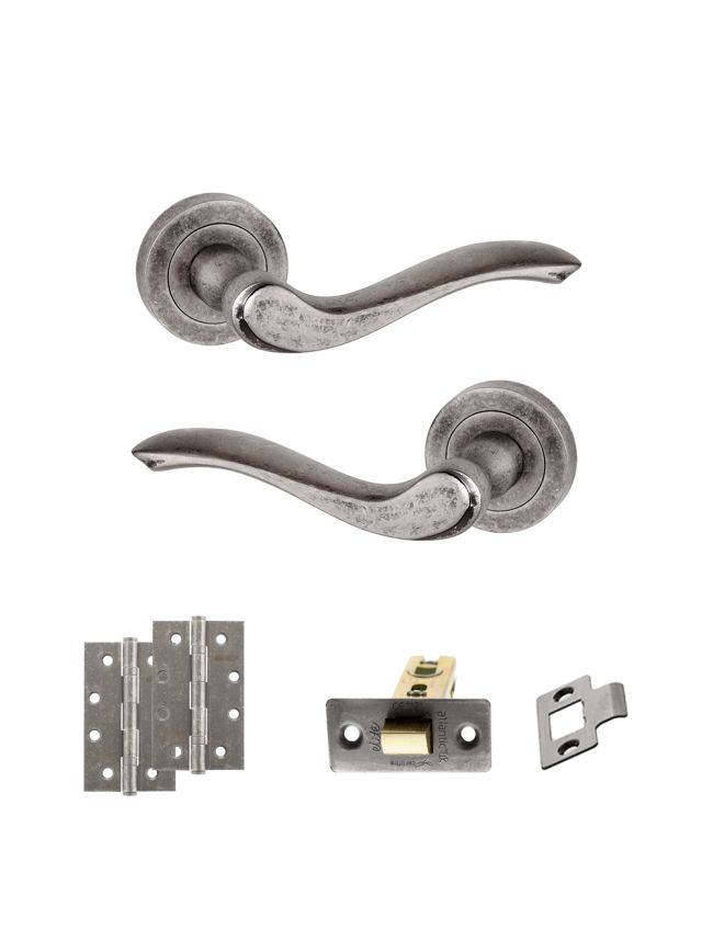 Old English Warwick Door Handle Pack (Latch Set - 3" CE Latch, 4" Slim Knuckle Hinges x2) - Distressed Silver