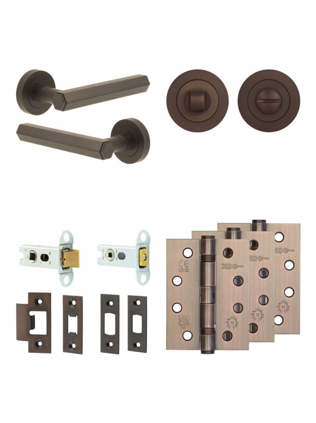 Complete Hex Door Handle Pack - Heavy Duty Tubular Bathroom (Standard Thumb Turn) - Dark Bronze - 64mm / 4-inch Hinges - JE-C30A3-DB
