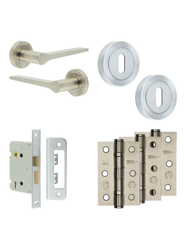 Complete Gio Door Handle Pack - Sashlock - Satin Nickel - 76mm / 3-inch Hinges - JE-E8B8-SN