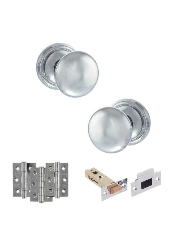 Old English Harrogate Door Knob Pack (Latch Set - 3" HD Latch, 3" Fire Rated Hinges x3) - Polished Chrome
