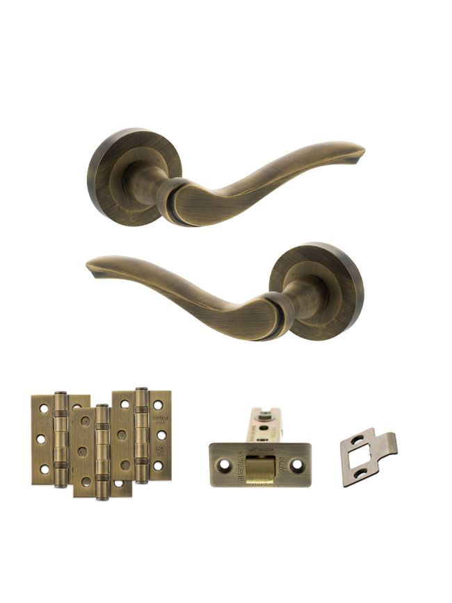 Old English Warwick Door Handle Pack (Latch Set - 2.5" CE Latch, 3" Fire Rated Hinges x3) - Matt Antique Brass