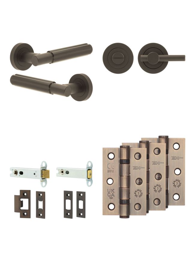 Complete Bloom Door Handle Pack - Heavy Duty Tubular Bathroom (Plain Thumb Turn) - Dark Bronze - 102mm / 3-inch Hinges - JE-B32B2-DB