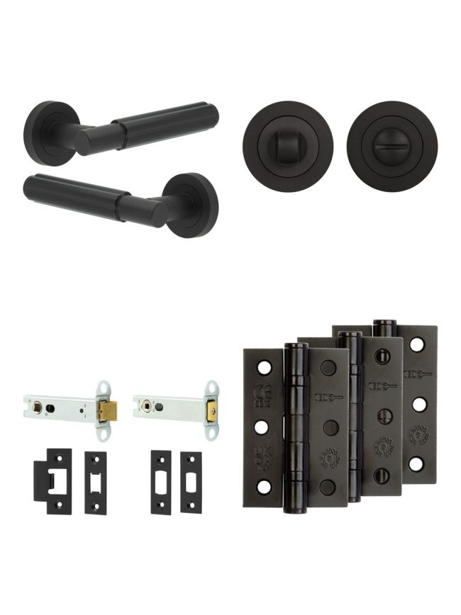 Complete Bloom Door Handle Pack - Heavy Duty Tubular Bathroom (Standard Thumb Turn) - Matt Black - 102mm / 3-inch Hinges - JE-B32B3-MB