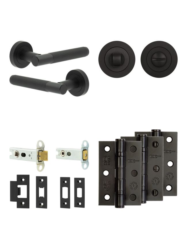 Complete Venice Door Handle Pack - Heavy Duty Tubular Bathroom (Standard Thumb Turn) - Matt Black - 76mm / 3-inch Hinges - JE-F31B3-MB