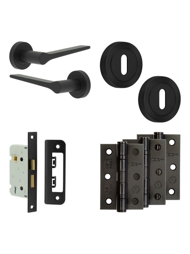 Complete Gio Door Handle Pack - Sashlock - Matt Black - 65mm / 3-inch Hinges - JE-E7B8-MB