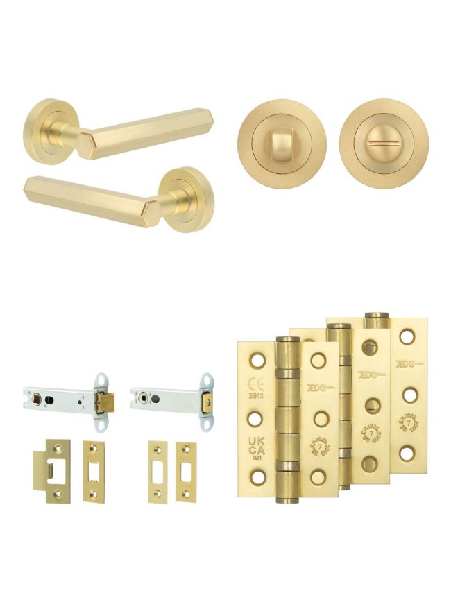 Complete Hex Door Handle Pack - Heavy Duty Tubular Bathroom (Standard Thumb Turn) - Satin Brass - 102mm / 3-inch Hinges - JE-C32B3-SB