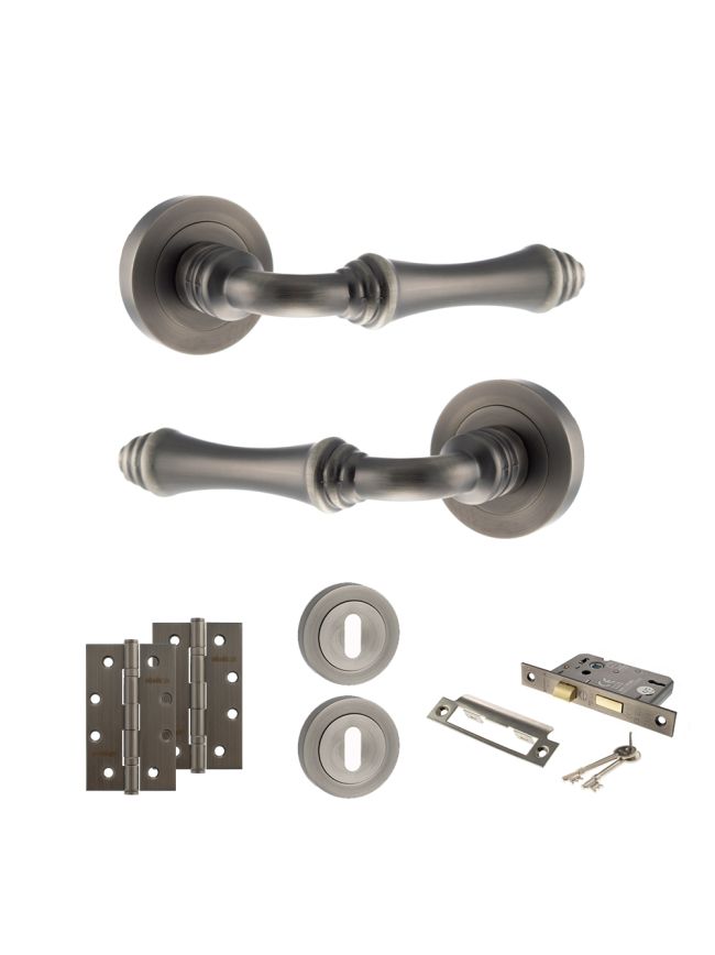 Old English Durham Door Handle Pack (3 Lever Lock Set - 3" CE Sashlock, 4" Slim Knuckle Hinges x2) - Matt Gun Metal