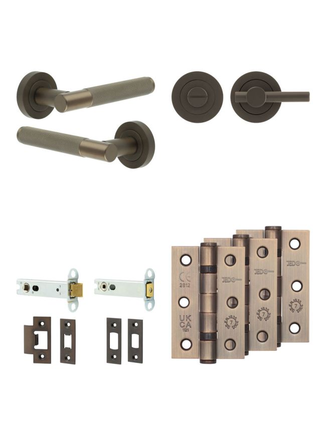 Complete Bari Door Handle Pack - Heavy Duty Tubular Bathroom (Plain Thumb Turn) - Dark Bronze - 102mm / 3-inch Hinges - JE-D32B2-DB