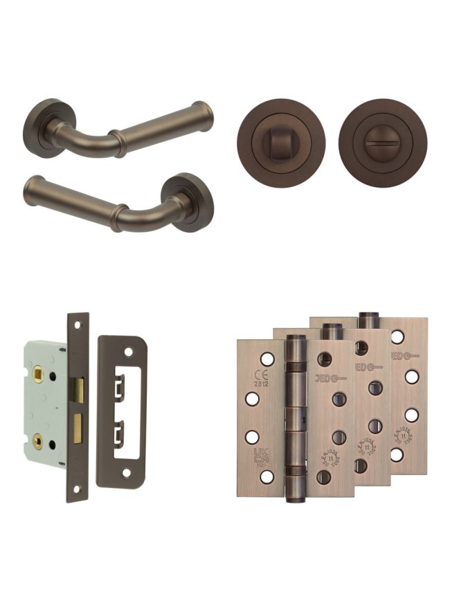 Complete Classic Door Handle Pack - Bathroom Lock (Standard Thumb Turn) - Dark Bronze - 65mm / 4-inch Hinges - JE-A5A3-DB