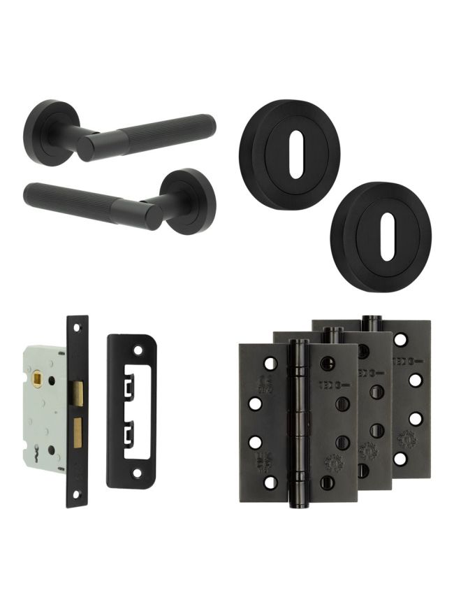 Complete Venice Door Handle Pack - Sashlock - Matt Black - 65mm / 4-inch Hinges - JE-F7A8-MB