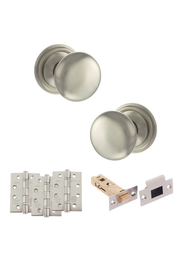 Old English Harrogate Door Knob Pack (Latch Set - 4" HD Latch, 4" Fire Rated Hinges x3) - Satin Nickel