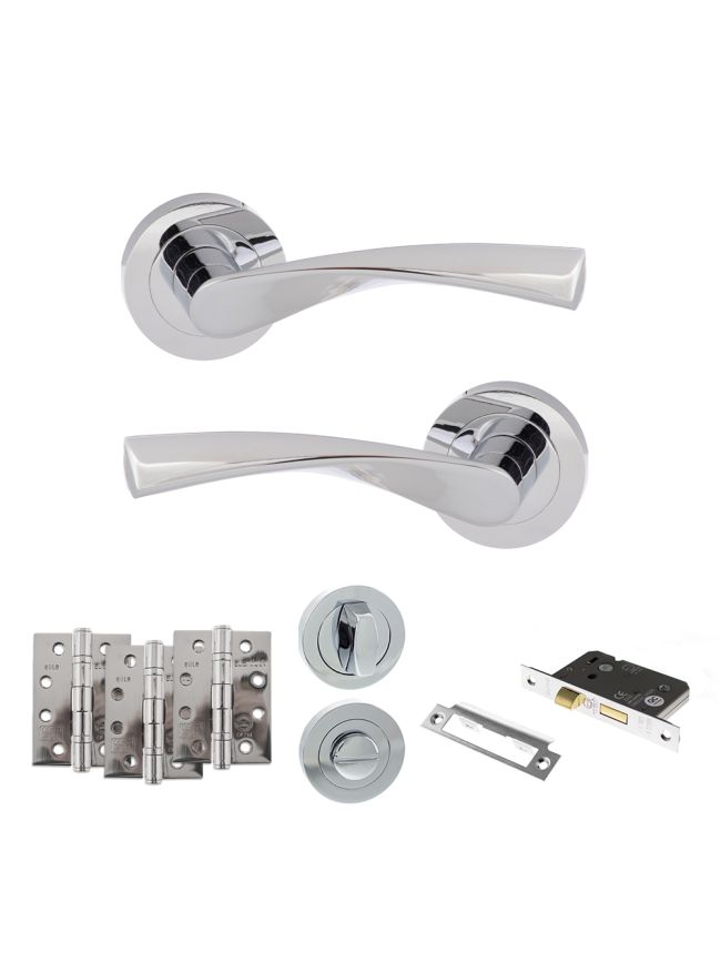 Eco Aqua Door Handle Pack (Bathroom Set - 3" CE Bathroom Lock, 4" Fire Rated Hinges x3) - Polished Chrome