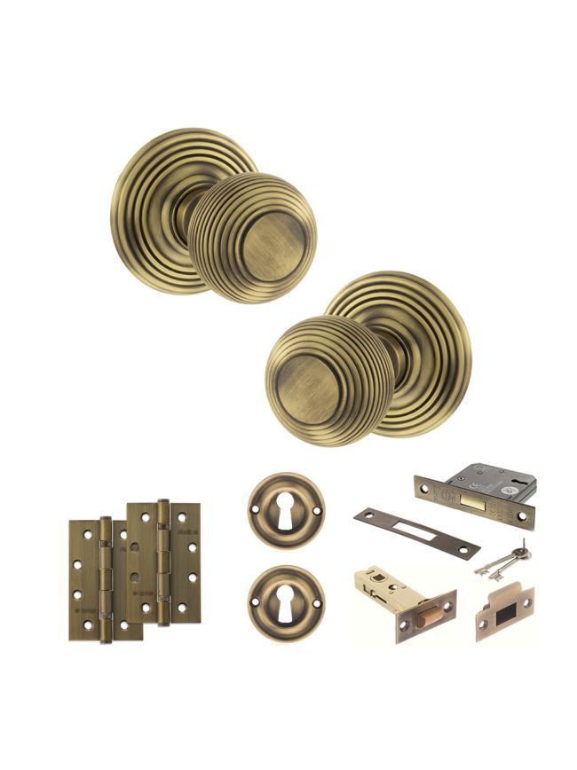 Old English Ripon Door Knob Pack (Lock Set - 3" Latch & Deadlock, 4" Slim Knuckle Hinges x2) - Matt Antique Brass