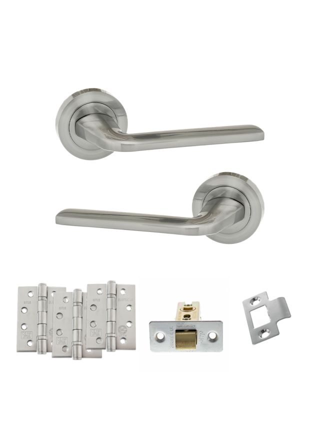 Eco Surf Door Handle Pack (Latch Set - 2.5" CE Latch, 4" Fire Rated Hinges x3) - Satin Chrome
